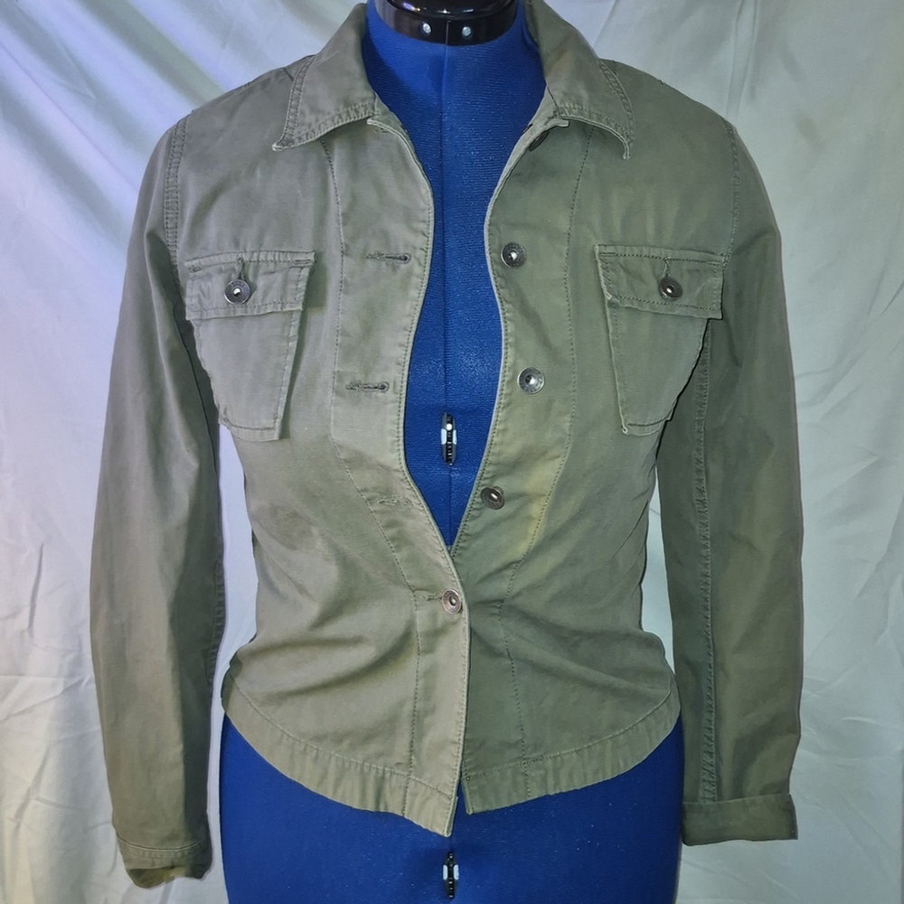 Lucky WomensOlive Military Style Jean JacketSz.ExSm EmbroideredFlowers.(#1492)EC